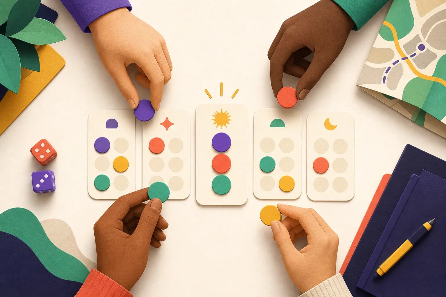 Four people placing availability tokens on a shared set of date cards